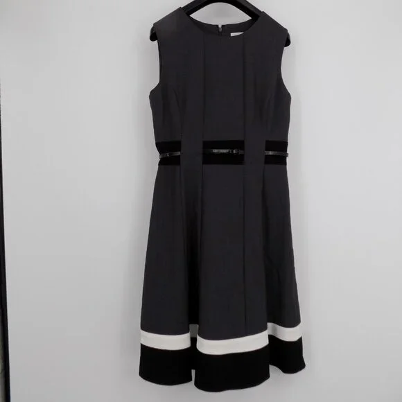 Calvin Klein Women Gray Belted Lined Sleeveless Fit and Flare Dress Size 4 - Picture 1 of 8